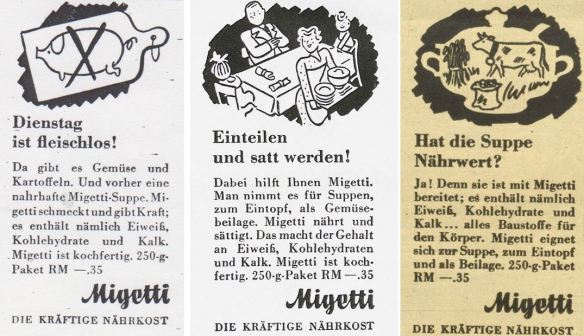 12_Nationalsozialistischer Volksdienst_09_1942_p130_Kunst fuer Alle_57_1941-42_Nr11-12_Anhang_p6_Wiener Illustrierte_61_1942_Nr43_p8_Migetti_Eintopf_Fleischlos_Kriegsernaehrung