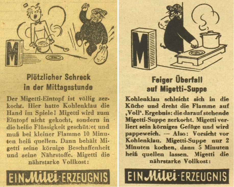 17_Kleine Volks-Zeitung_1943_03_10_Nr069_p8_Wiener Illustrierte_16_1943_Nr14_p8_Migetti_Kohlenklau_Milei_Kochen_Brennstoff