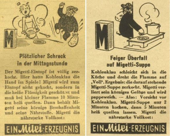 17_Kleine Volks-Zeitung_1943_03_10_Nr069_p8_Wiener Illustrierte_16_1943_Nr14_p8_Migetti_Kohlenklau_Milei_Kochen_Brennstoff