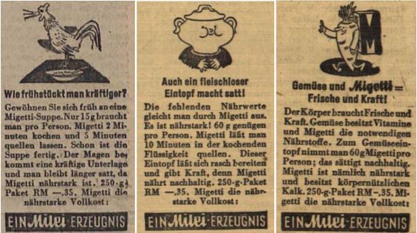 19_Litzmannstaedter Zeitung_1943_09_23_Nr266_p6_Offenburger Tagblatt_1943_11_06_Nr261_p8_ebd_10_21_Nr247_p4_Migetti_Molke_Austauschstoff_Kriegsernaehrung_Moehre_Suppenschuessel_Fruehstueck