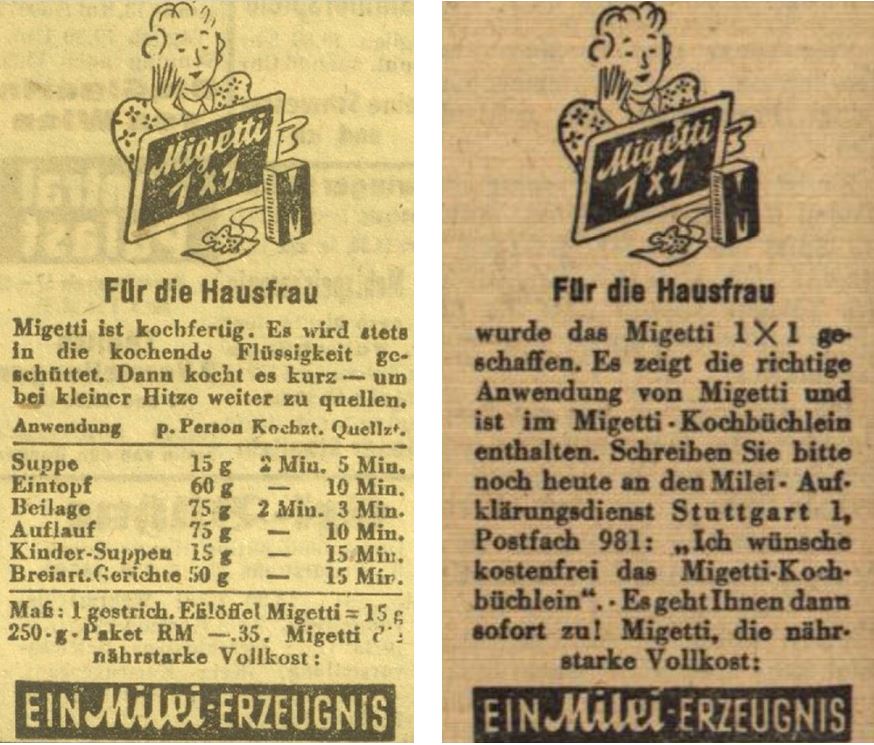 20_Das Kleine Volksblatt_1943_05_31_Nr149_p7_Offenburger Tageblatt_1943_11_04_Nr259_p4_Migetti_Hausfrau_Kochbuch_Rezepte_Milei_Austauschprodukt_Halbfertigprodukt