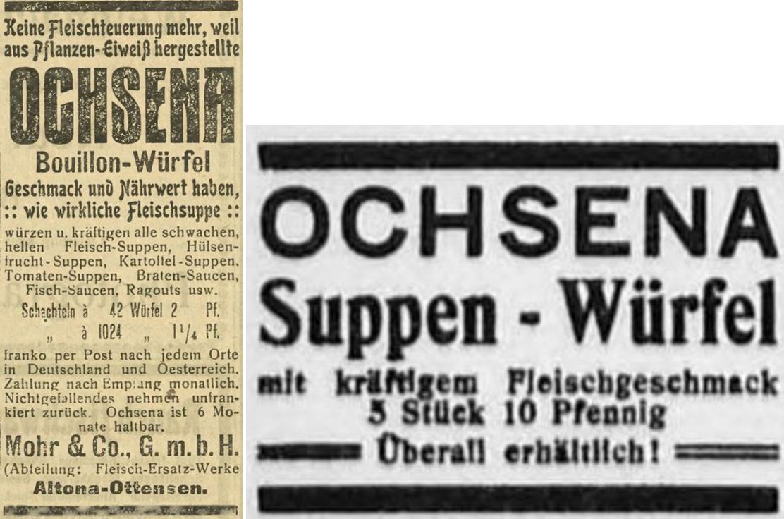 06_Der oberschlesische Wanderer_1912_12_07_Nr282_p11_Hamburger Nachrichten_1913_02_22_Nr089_p8_Suppenpraeparate_Ochsena_Bouillonwurfel_Suppenwürfel_Mohr_Altona