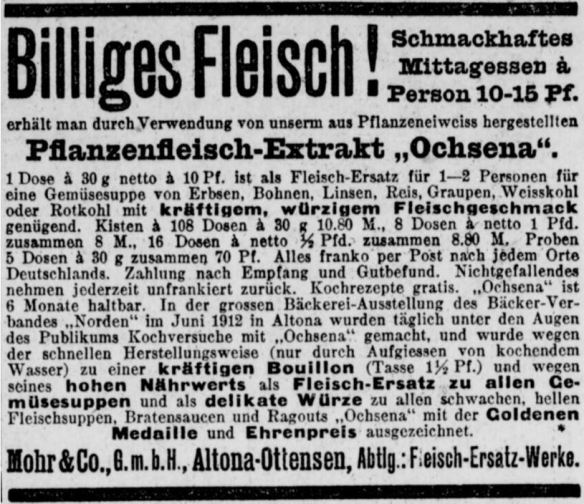 10_Berliner Volks-Zeitung_1912_10_03_Nr465_p9_Fleischersatz_Pflanzenfleischextrakt_Ochsena_Mohr_Altona