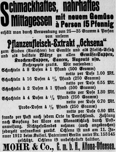 11_Riesaer Tageblatt und Anzeiger_1913_07_17_Nr163_p8_Versandgeschaeft_Pflanzenfleischextrakt_Ochsena_Mühr_Altona