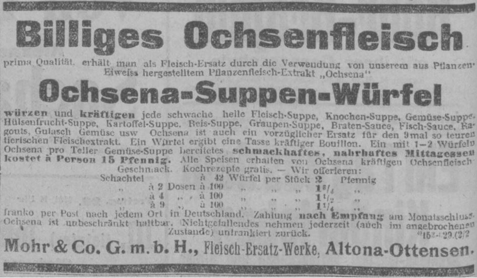 12_Muenchner Neueste Nachrichten_1913_05_11_Nr239_p08_Suppenpraeparate_Suppenwuerfel_Ochsena_Mohr_Altona_Pflanzenfleischextrakt