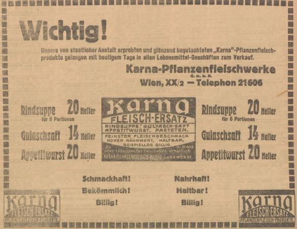 13_Neues Wiener Tagblatt_1912_02_07_Nr036_p31_Fleischersatz_Pflanzenfleisch_Hefeextrakt_Suppenpraeparate_Karna_Wien