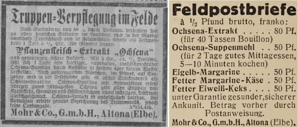 14_Muenchner Neueste Nachrichten_1914_08_19_Nr422_p06_Berliner Illustrierte Zeitung_23_1914_p684_Liebesgaben_Feldpostbriefe_Ochsena_Mohr_Altona_Militaerverpflegung_Suppenpraeparate