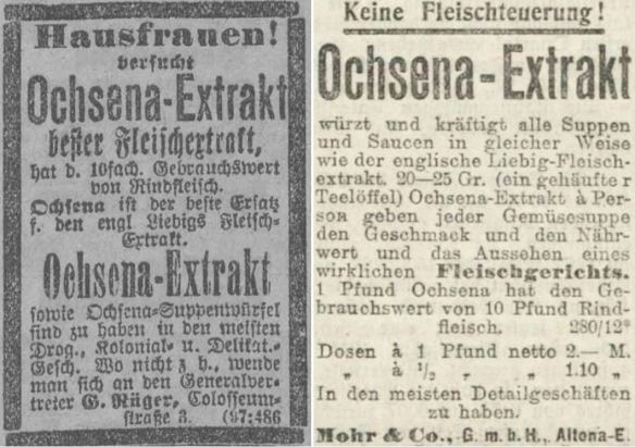 16_Muenchner Neueste Nachrichten_1915_05_02_Nr223_GA_p2_Vorwaerts_1915_05_01_Nr119_p12_Ochsena_Mohr_Altona_Fleischextrakt_Fleischersatz