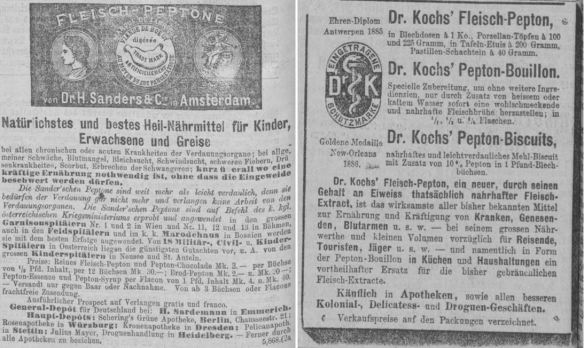 09_Dresdner Nachrichten_1880_02_20_Nr033_p4_Muenchner Neueste Nachrichten_1887_11_12_Nr414_p8_Fleischpepton_Sanders_Koch_Krankenkost