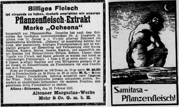 18_Berliner Volks-Zeitung_1912_10_03_Nr465_p09_Deutscher Reichsanzeiger_1913_05_30_Nr126_p17_Fleischersatz_Pflanzenfleisch_Ochsena_Samitasa