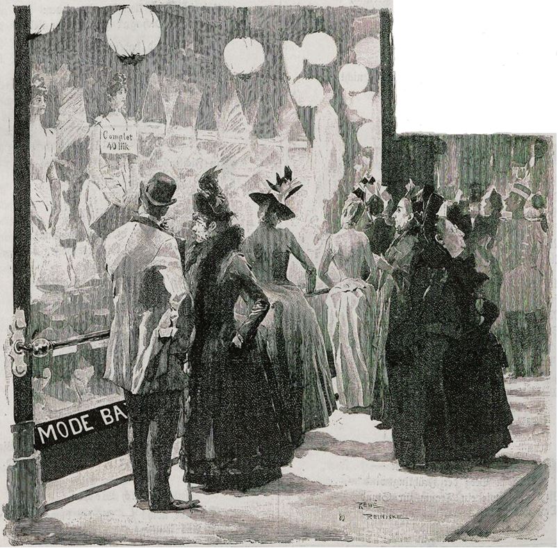 03_Fliegende Blaetter_090_1889_p209_Schaufenster_Konsumenten_Bazar_Beleuchtungsartikel_Modewaren_Schaufensterpuppe