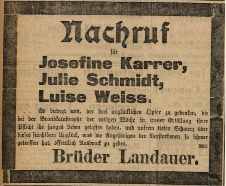 21_Badische Presse_1900_02_14_Mittagausgabe_Nr037_p6_Warenhausbrand_Karlsruhe_Landauer_Traueranzeige