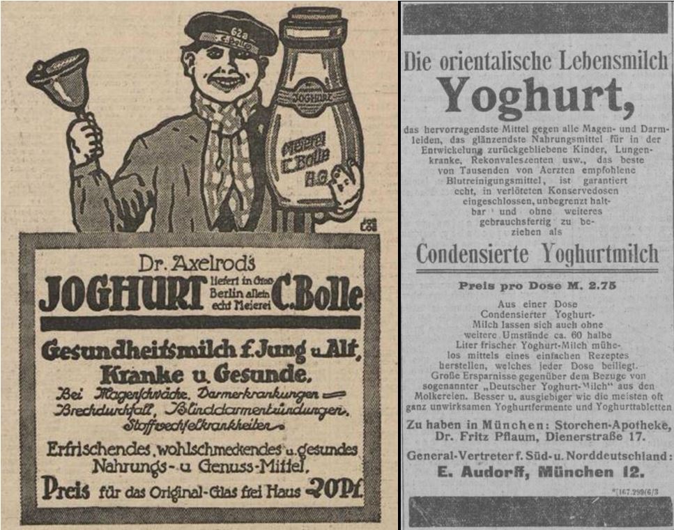 03_Vorwärts_1912_06_23_Nr144_p19_Muenchner Neueste Nachrichten_1913_06_18_Nr305_p06_Joghurt_Bolle_Dr-Axelrod_Joghurtferment