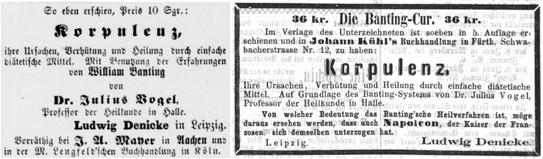 17_Aachener Zeitung_1864_08_19_Nr230_p4_Fuerther Tagblatt_1865_06_06_Nr134_p3_Vogel_Banting_Korpulenz_Broschuere