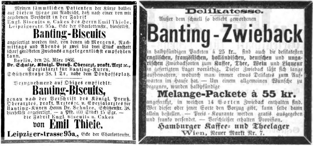 24_National-Zeitung_1866_04_15_Nr174_p04_Der Kamerad_05_1866_p184_Diaetprodukte_Gebaeck_Biscuits_Banting_Emil-Thiele_Zwieback