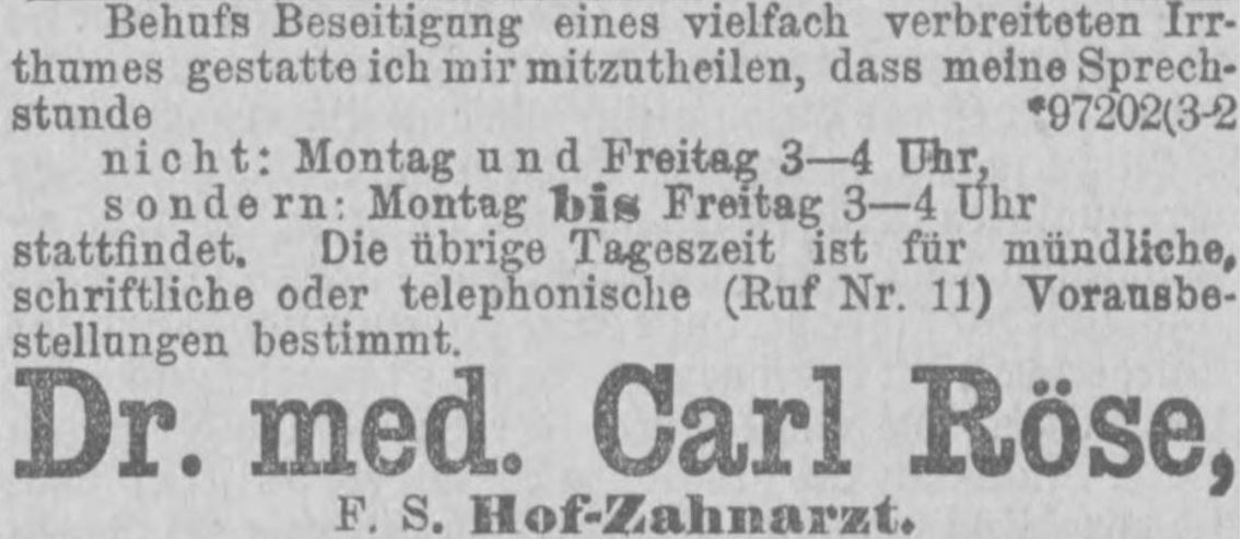 11_Muenchner Neueste Nachrichten_1896_05_13_Nr223_p3_Carl-Roese_Muenchen_Zahnarzt