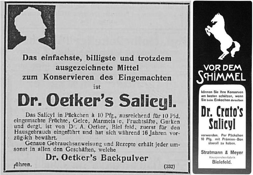 12_Allgemeine Zeitung_1908_08_08_Nr19_pIII_Die Woche_07_1905_Nr29_pIII_Konservierungsmittel_Salicylsäure_Dr-Oetker_Dr-Crato_Bielefeld