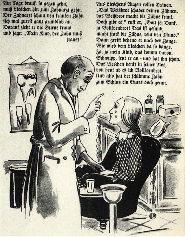 16_Vollkornbrotfibel_1941_p15_Zahnarzt_Zaehne_Arzt-Patient_Brot_Vollkornbrot_Kauen