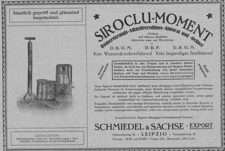 20_Voss_1921_12_17_Nr46_p16_Haushaltskonservierung_Einmachen_Konservierungsapparat_Siroclu-Moment_Schmiedel-Sachse_Leipzig