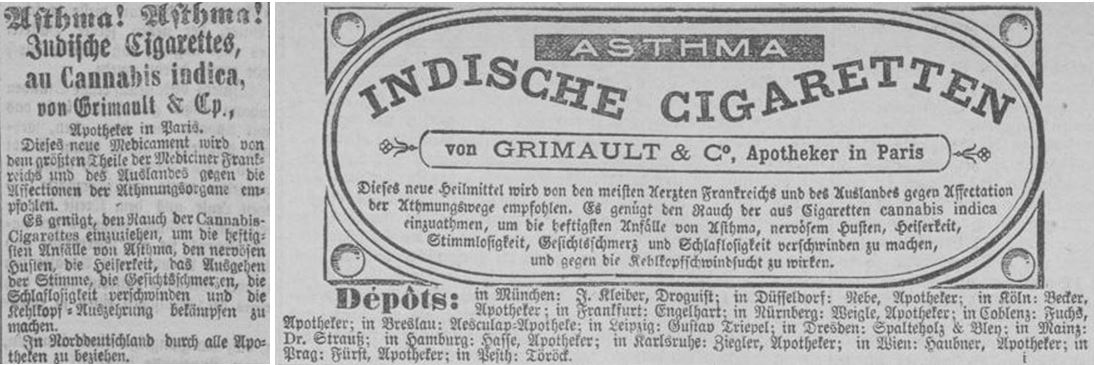 02_Koelnische Zeitung_1871_12_28_Nr359_p4_Ebd_1876_01_31_Nr031_p4_Asthma_Medizinalzigaretten_Grimault_Cannabis
