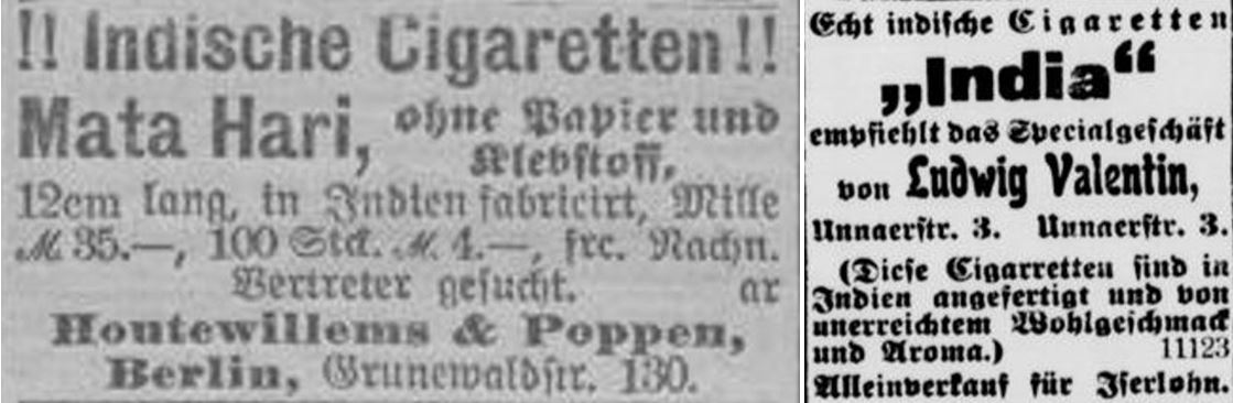 06_Koelnische Zeitung_1899_11_12_Nr891_p2_Iserlohner Kreisblatt_1897_12_20_Nr297_p4_Zigaretten_Indien_Exotik_Mata-Hari