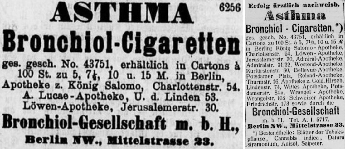 11_Norddeutsche Allgemeine Zeitung_1900_08_08_Nr183_p04_Berliner-Boersen-Zeitung_1900_10_30_p18_Asthma_Bronchiol_Medizinalzigaretten_Cannabis
