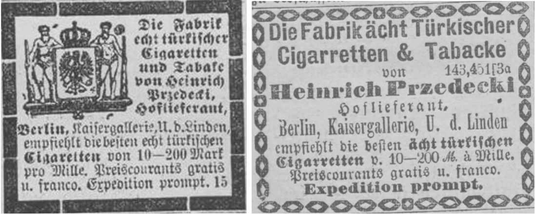 13_Koelnische Zeitung_1878_11_22_Nr325_p8_Neueste Nachrichten_1878_11_24_Nr328-9_p14_Zigaretten_Heinrich-Przedecki