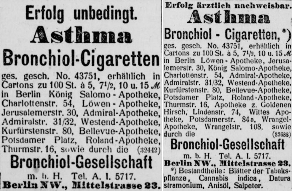 15_Berliner Boersen-Zeitung_1900_09_19_Nr438_p12_Ebd_10_23_Nr496_p11_Asthma_Bronchiol_Medizinalzigarette_Cannabis