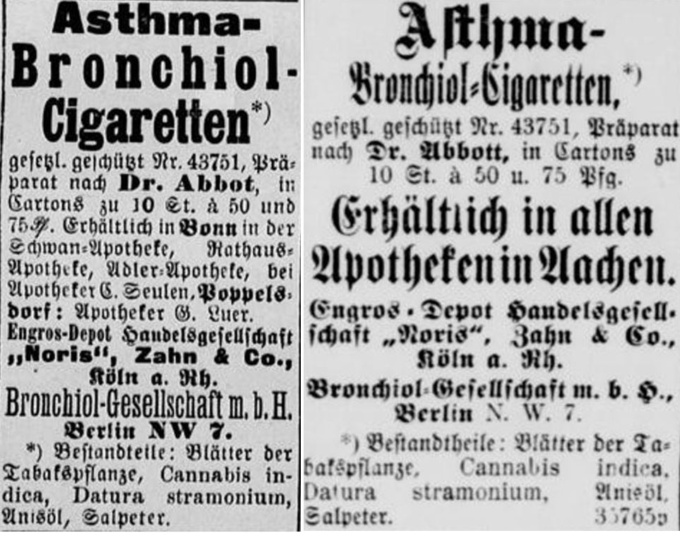 18_Bonner Zeitung_1901_05_25_Nr123_p4_Echo der Gegenwart_1901_05_25_Nr374_p4_Medizinalzigaretten_Bronchiol_Cannabis_Dr-Abbot