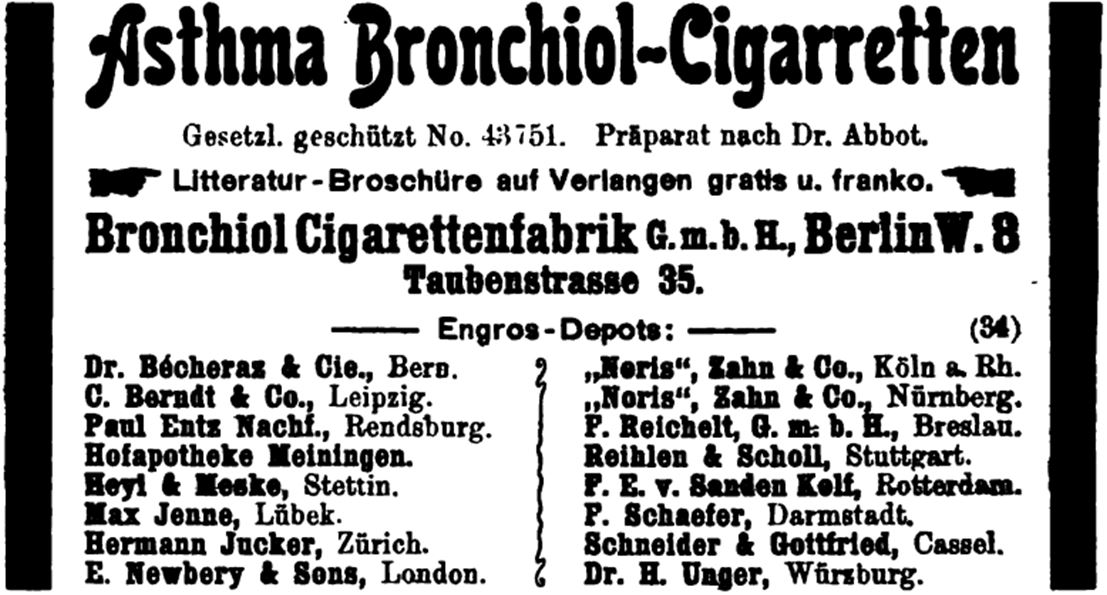 19_Berichte der deutschen Pharmaceutischen Gesellschaft_1903_H1_Werbeanhang, s.p._Bronchiol_Asthma_Medizinalzigaretten_Dr-Abbot_Depots_Großhandel