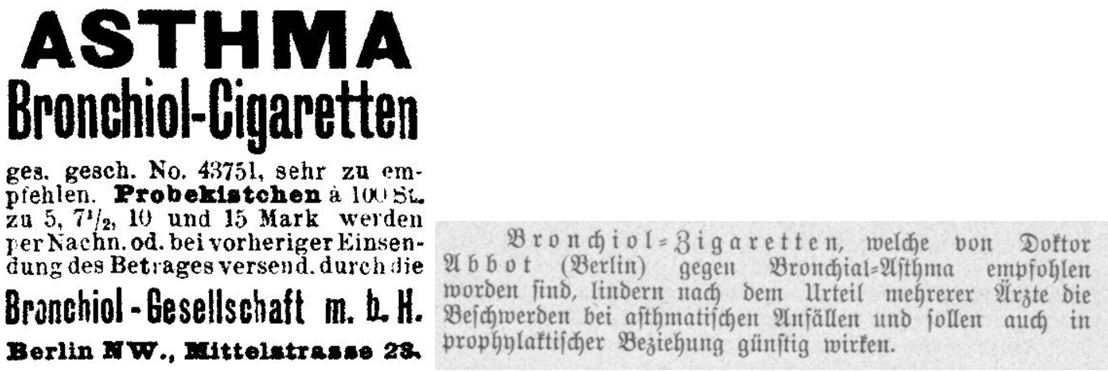 21_Wiener Caricaturen_1900_08_12_Nr33_p9_Österreichs Illustrierte Zeitung_13_1903-04_H45_p907_Bronchiol_Asthma_Medizinalzigaretten_Versandgeschäft
