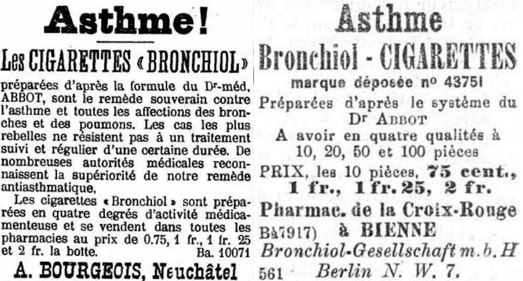 23_Feuille d'Avis de Neuchatel_1902_04_16_Nr086_p1_Jorunal de Jura_1902_02_26_Nr48_p4_Bronchiol_Asthma_Medizinalzigaretten
