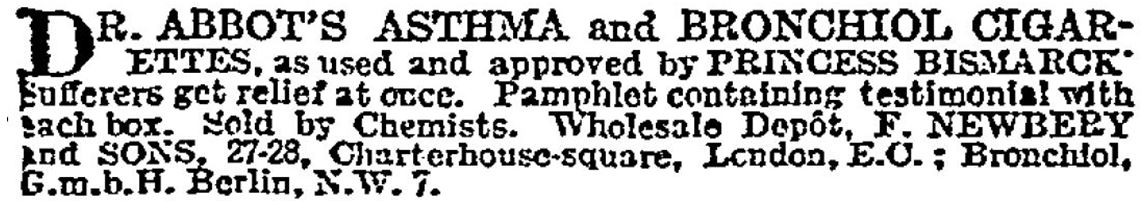 24_The Times_1902_05_31_Nr36782_p19_Großbritannien_Bronchiol_Asthma_Medizinalzigaretten_Dr-Abbot