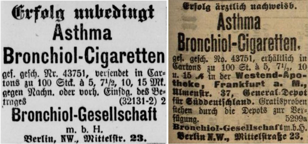 25_Berliner Boersen-Zeitung_1900_09_11_Nr424_Badische Presse_1900_10_16_Nr016_p3_Asthma_Medizinalzigaretten_Bronchiol