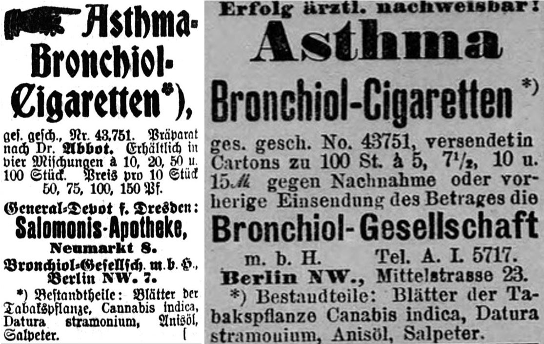 26_Dresdner Nachrichten_1901_05_29_Nr147_p28_Strassburger Post_1900_11_13_Nr966_p4_Asthma_Bronchiol_Medizinalzigaretten_Cannabis_Dr-Abbot