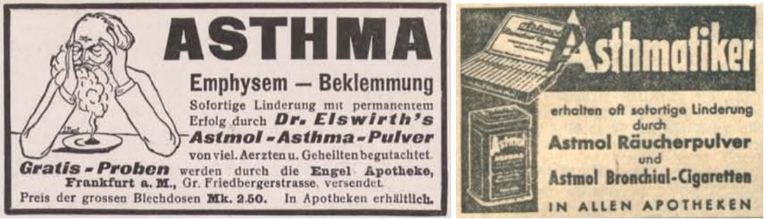 29_Simplicissimus_12_1908-09_p612_Badische Presse_1924_10_24_Nr394_p11_Asthma_Astmol_Dr-Elswirth_Medizinalzigaretten