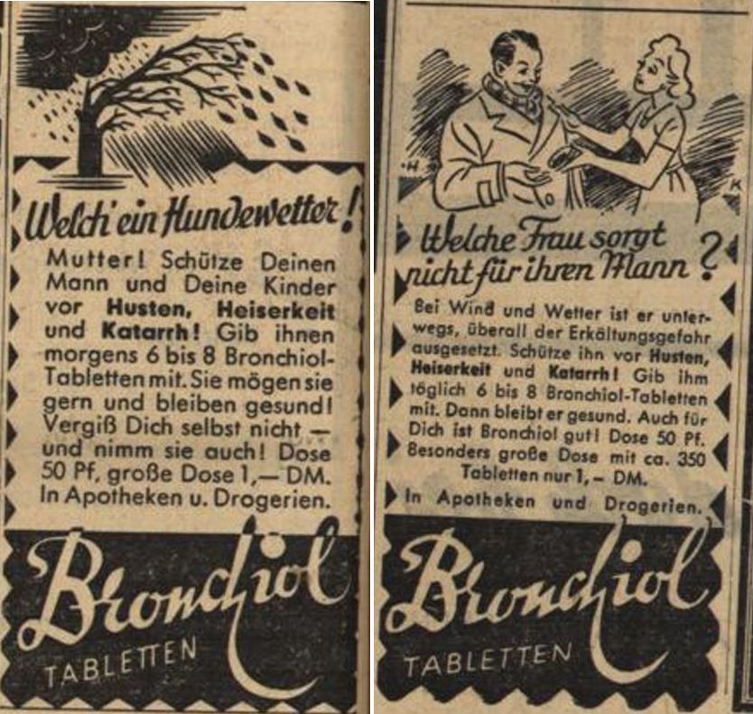 31_Badische Neueste Nachrichten_1950_10_21_Nr213_p12_Ebd_10_28_Nr219_p16_Drogerieartikel_Bronchiol_Erkaeltung_Husten