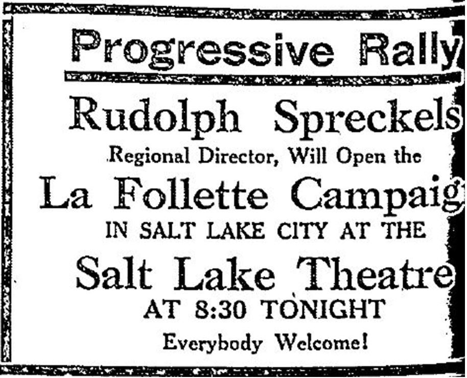 25_Salt Lake Telegram_1924_09_20_p03_USA_Präsidentschaftswahlkampf_Progressivness_La-Follette_Salt-Lake-City_Rudolph-Spreckels
