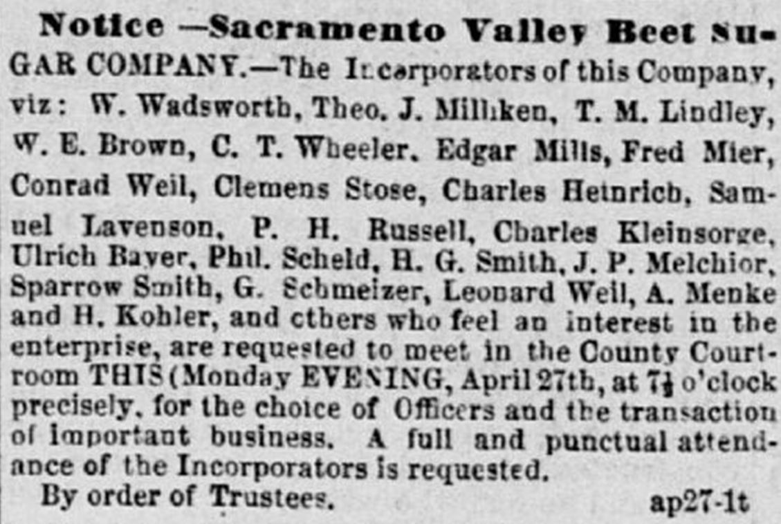 02_Sacramento Daily Union_1868_04_27_p5_Zuckerindustrie_Kalifornien_Sacramento-Valley-Beet-Sugar-Company_Ruebenzucker