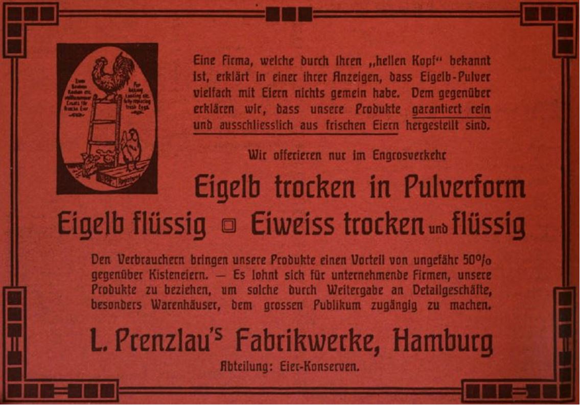 02_Die Woche_08_1906_Nr15_pII_Eier_Eipulver_Eigelb_Eiweiß_Trocknungstechnik_L-Prenzlau_Hamburg_Convenienceprodukte
