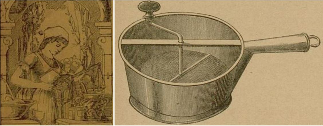03_Backpulver-Kochbuch_1891_pI_ebd_p17_Hausfrau_Wage_Haushaltsgeräte_Mehlsieb_Backen