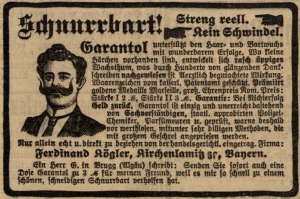 10_Badische Presse_1902_03_30_Nr075_p8_Bartpflege_Geheimmittel_Haarwuchsmittel_Versandgeschaeft_Ferdinand-Koegler_Garantol_Kirchenlamitz
