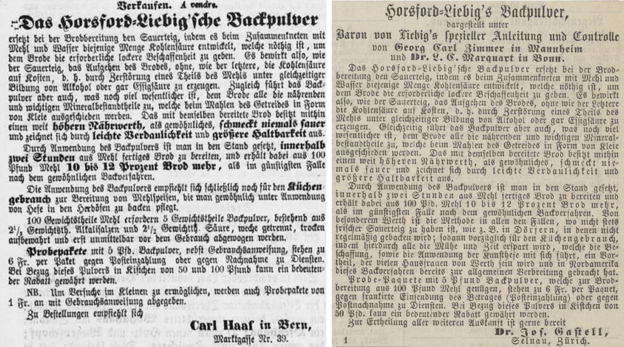 12_Intelligenzblatt für die Stadt Bern_1869_02_18_Nr048_p2_Zuercherische Freitagszeitung_1869_02_26_Nr09_Backpulver_Horsford-Liebig_Schweiz
