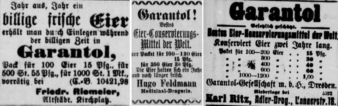 13_Westfaelische Zeitung_1899_04_19_Nr91_p4_Muelheimer Zeitung_1904_04_02_Nr78_p4_Iserlohner Kreisanzeiger_1905_05_20_Nr118_p12_Eier_Garantol_Konservierungsmittel