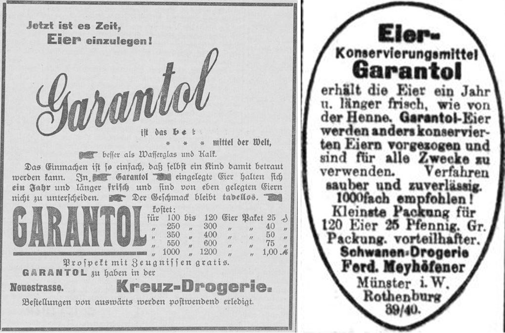 14_Jeversches Wochenblatt_1907_04_19_Nr091_p4_Muensterischer Anzeiger_1912_04_14_Nr272_p3_Garantol_Eier_Konservierungsmittel_Drogerieartikel
