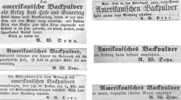18_Jeversches Wochenblatt_1869_9_9_Nr141_p7_9_19_Nr147_p3_10_17_Nr163_p3_1870_1_9_Nr5_p5_7_17_Nr111_p3_12_22_Nr201_p3_Backpulver_Deye_Amerikanisierung