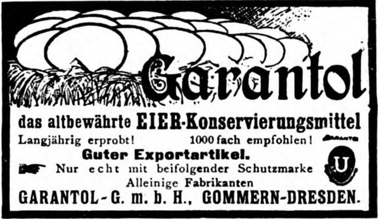 23_Velhagen &amp; Klasings Export-Anzeiger_08_1918-19_Nr12_p17_Eier_Konservierungsmittel_Garantol_Gommern