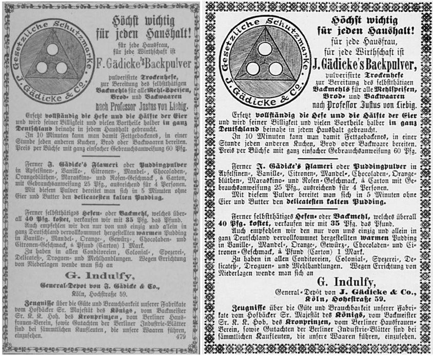 24_Duesseldorfer Volksblatt_1879_10_31_Nr295_p4_Bonner Zeitung_1879_10_02_Nr270_p1090_F-Gaedicke_Backpulver_Liebig_Puddingpulver_Mehl_Schutzmarke