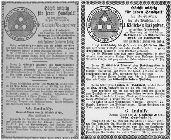 24_Duesseldorfer Volksblatt_1879_10_31_Nr295_p4_Bonner Zeitung_1879_10_02_Nr270_p1090_F-Gaedicke_Backpulver_Liebig_Puddingpulver_Mehl_Schutzmarke