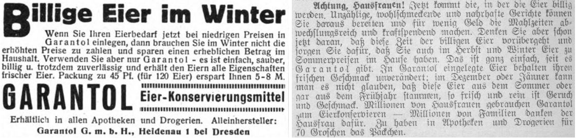 33_Illustrierter Beobachter_07_1932_p376_Die Frau und Mutter_23_1934_H4_p38_Konservierungsmittel_Eier_Garantol_Redaktionelle-Reklame